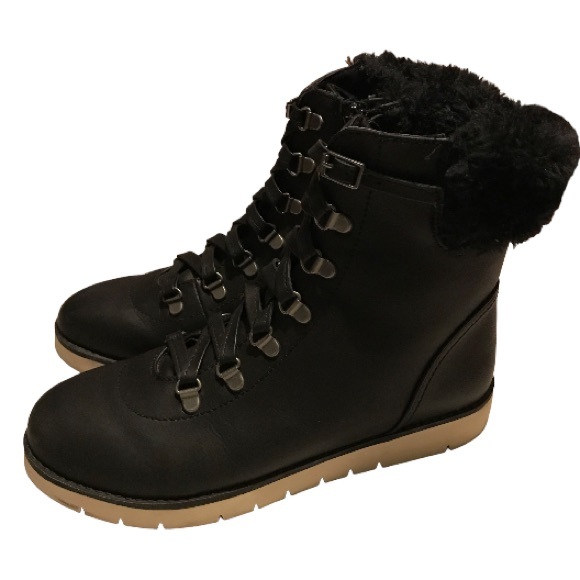 FREE PEOPLE MIA COMBAT STYLE BLACK LACE UP BOOTS WITH SIDE ZIPPER&FAUX FUR HEEL - Picture 5 of 10